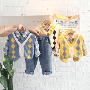 Autunno abbigliamento per bambini Set per bambini maglione all'ingrosso camicia a quadri Set <span class=keywords><strong>Jeans</strong></span> per ragazzi Set di stoffa per bambini stile britannico - Product Image 4
