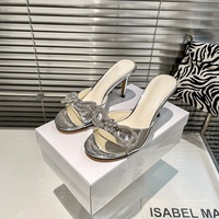 Sandales plates pour femmes avec nœud en paillettes argentées, pantoufles d'été à strass, chaussures décontractées à bout ouvert