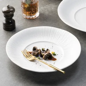 YAYU Private Label Catering Porcelain Matte White Lined Dinnerware Ceramic Deep Soup Dish Salad Plates