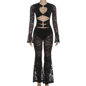 GX25738 Set Due Pezzi da Donna 2025, Top a Maniche Lunghe con <span class=keywords><strong>Pizzo</strong></span> Traforato e <span class=keywords><strong>Pantaloni</strong></span> a Zampa Trasparenti, Abbigliamento Casual da Boutique - Product Image 2