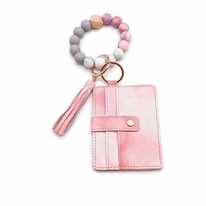 Porte-clés perlé style bohème avec pompon et porte-cartes en cuir PU - Product Image 1