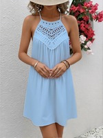 Robe Courte Halter au Crochet pour Femme, Ample, Cache-maillot de Plage, Bordure Pompons, Robe d'Été pour Vacances, Vente en Gros Personnalisée