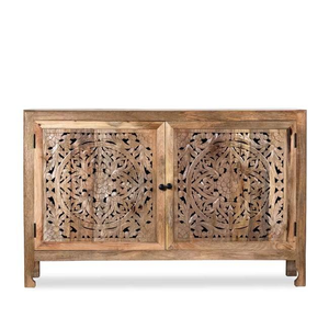 <b>Rustic</b> Farmhouse Inspired Solid Wood Storage Credenza With Artistic Hand Carved Patterns And Large Cabinet Space - Product Image 5