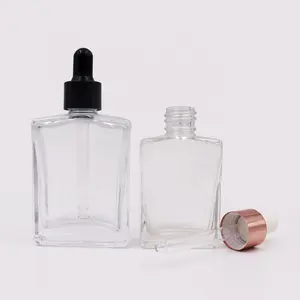 Transparent Square 15ml 30ml 50ml 100ml Clear Essential Oil Dropper Glass Serum Bottle With Gold Screw Lid 1oz