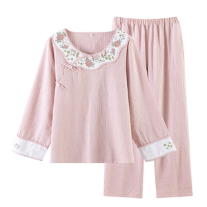 Pyjama pour femmes, nouveau style <span class=keywords><strong>chinois</strong></span>, tissé, brodé, respirant, en coton et lin, taille élastique, <span class=keywords><strong>pantalon</strong></span> uni à manches longues - Product Image 5