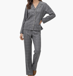 Vêtements de nuit classiques pour femmes avec bordures contrastées, vêtements de nuit à carreaux pour femmes, vêtements de détente de luxe respirants, pyjamas en coton pour femmes - Product Image 1