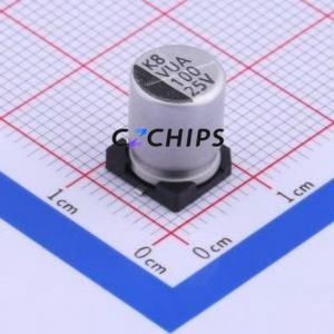 ตัวเก็บประจุแบบอิเล็กโทรไลต์อะลูมิเนียม SMD รุ่น VUA101M1ETR-0810, ขนาด D8xL10 มม. 100uF 20% 25V 8 มม. - Product Image 1