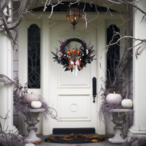 43*33cm Durable Waterproof Haunted Halloween Wreath with Pine Cones & Blood-Red Ribbon Door Decor - Product Image 4