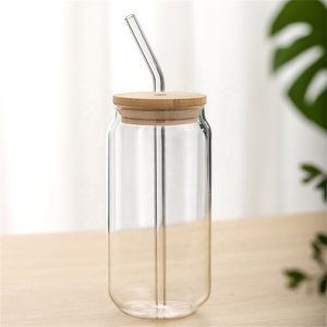 Hoge borosilicaat glazen cola-blikje tumbler met bamboe deksel & rietje, hittebestendig voor sap, bier, koffie, 380ml/550ml - Product Image 2