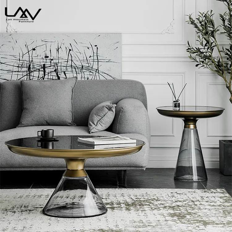 Nordic Art Design Living Room Hotel Round Coffee Table Combination Luxury Metal Frame With Glass Villa Sofa Side Table