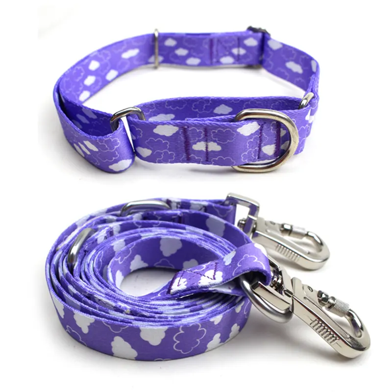 Sublimation Custom Adjustable Polyester Multifunctional Pet Dog Collar And Leash Durable Metal Double Hook Dog Traction Rope