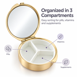 Boîte à pilules ronde en métal plaqué or clair avec miroir, 3 compartiments, organiseur de médicaments portable, étui de rangement pour bijoux et bibelots de voyage - Product Image 2