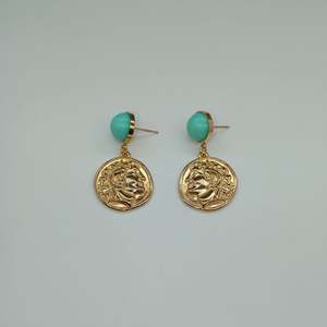 Fine Dangle <b>Earrings</b> PVD Gold Plated 316L Stainless Steel <b>Turquoise</b> Bead Coin Pendant Drop <b>Studs</b> - Product Image 1