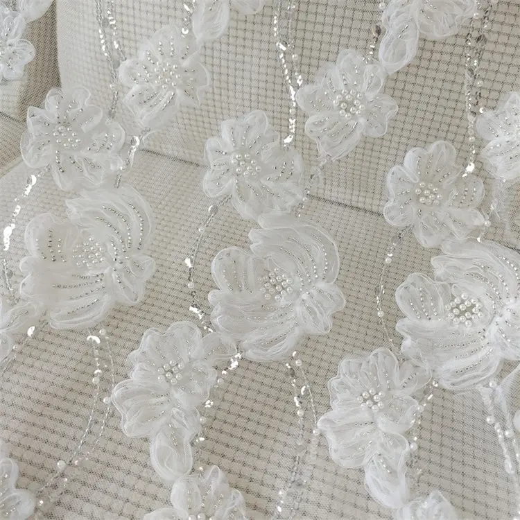 2022 Luxe Kralen Stof Sequin Wedding Couture Naaien Stof 3D Bloemen In Ivoor Groothandel