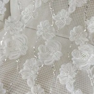 2022 Luxury beaded fabric sequin wedding couture sewing fabric 3D Flowers in Ivory wholesale