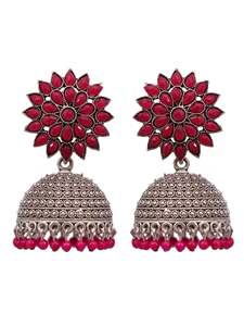 Abraza la elegancia con Jhumka de plata oxidada y pendientes para mujer-Royal Pink Floral Design Jhumka's - Product Image 2
