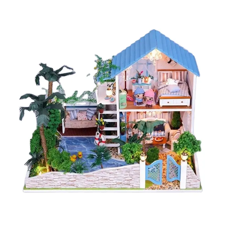 Diy Doll House Wooden Tropical Rainforest Yard On Two Floors With Swimming Pool Doll House Miniature Furniture