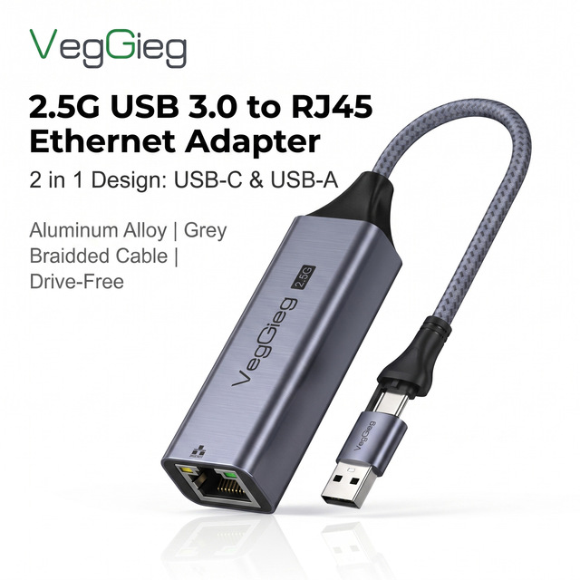 VegGieg 2 in 1 USB3.0 to RJ45 2.5G Ethernet Adapter USB-A & USB-C Dual Connector Braided Cable