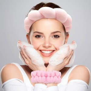 Ensemble bandeau et serviettes de poignet en peluche pour spa, lavage du visage, maquillage et soins de la peau, motif éponge nuage doux, pour femmes et filles - Product Image 2