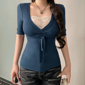 Solid Color Lace Patchwork Short Sleeve Knitted Breathable Eco-Friendly Floral T-Shirt for Women Chic <b>Tie</b>-Up Minimalist Casual - Product Image 1