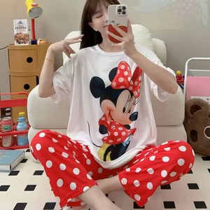 Ensemble pyjama d'été deux pièces pour femme, motif dessin animé, manches courtes, pantalon, col rond, tenue de nuit et d'intérieur - Product Image 3