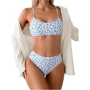 Ensemble de bikini personnalisé pour femmes à imprimé floral, taille haute, col rond, bandeau, maillot de bain extensible en spandex et polyester, 2 pièces, vêtements de plage - Product Image 3