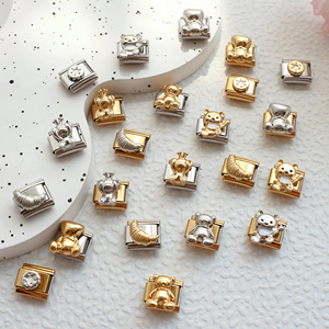 Bracciale <span class=keywords><strong>Charm</strong></span> Italiano Fai-da-te di Tendenza - Orsetto, Ciondolo a Corno, Ciambella in Acciaio Inossidabile 304 Dorato 9mm, Gioielli alla Moda - Product Image 1