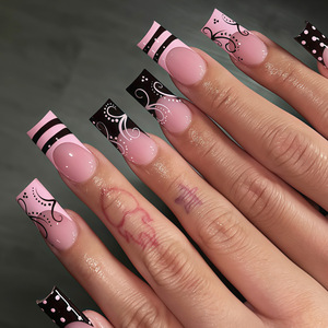 Arte de uñas con lunares franceses en rosa y negro, muy vendido en primavera y verano, arte de uñas con lunares negros y rayas, dulce y moderno. - Product Image 1