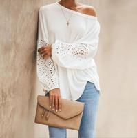 O-pescoço Elegante Floral Oco Out Blusa Camisa Das Mulheres Tops de Manga Lanterna Branco Casual Solto Blusa