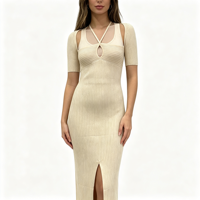 Robe en maille côtelée bleue fendue à manches courtes pour femme, qualité supérieure, sur mesure OEM & ODM, vente en gros - Ashley Madi