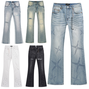 Dropshipping <b>Men</b> Light Blue High Waist Casual Distressed <b>Stretch</b> Skinny Ripped Button Fly Flared Denim Jeans - Product Image 1
