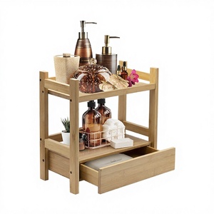 2 Tier Bamboo Standing Type <b>Foldable</b> Countertop Shelf Hidden Drawer <b>Desk</b> Makeup Organizer Bathroom Wood Display Stand - Product Image 3
