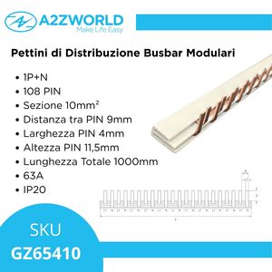 Combinazione Modulare di Barre Collettrici 1P+N 108 PIN, Sezione 10mm, Distanza 9mm, Larghezza e Altezza 4mm per Correnti da 32A 63A 100A - Product Image 2