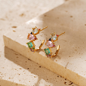 Pendientes de Clip chapados en oro Pendientes de tuerca de circonita cúbica de colores Pendientes de Gemme bohemios de oro de 14K Regalos de San Valentín - Product Image 2