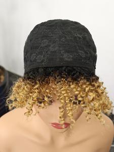 Perruques courtes bouclées afro blondes ombrées pour femmes noires, perruque afro courte avec frange, fabriquée à la machine, cheveux humains vierges indiens, coupe pixie - Product Image 4