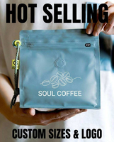 Sacs à café personnalisés imprimés avec valve, sacs à fond plat en aluminium avec fermeture éclair latérale, sacs à café réutilisables