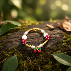 Cute Fine <b>Beaded</b> Pearl <b>Bracelet</b> with Strawberry and Cherry Charms <b>Gold</b> Plated Stainless Steel Women's Jewelry - Product Image 3