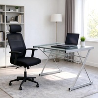 Bureau d'ordinateur moderne ergonomique en verre trempé transparent, structure robuste en tube métallique, design peu encombrant pour la maison, le bureau, l'appartement, l'atelier