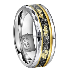 POYA Unisex 8mm Schwarz/Silber/Gold gehämmerter Wolfram <span class=keywords><strong>ring</strong></span> Gold Liner Meteorit Rasieren & Blattgold Inlay Eleganter Herren Ehering - Product Image 3
