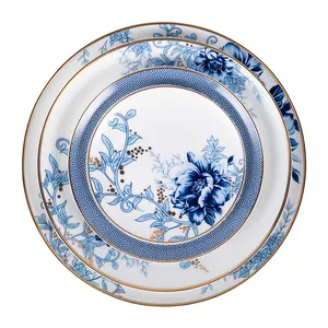 陶瓷餐具白色蓝色瓷碗盘子马克杯优雅精美瓷器4件套16人晚餐