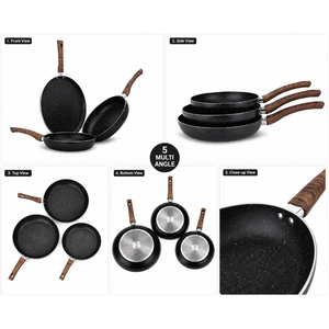 3 <b>Pc</b> Non <b>Stick</b> Fry Pan Set With Wood Handle Ceramic Coating Round Metal Pans For All Stoves Hand Wash Only - Product Image 1