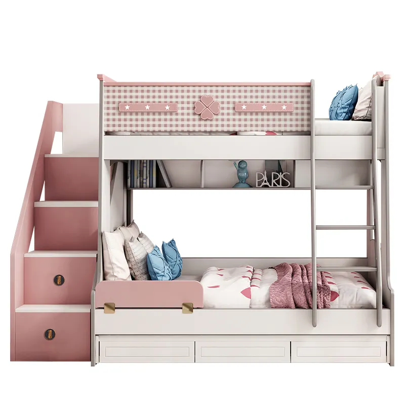 Wooden comfortable school Double loft bed Modern pink Kids children Bunk Bed Furniture for girls bedroom