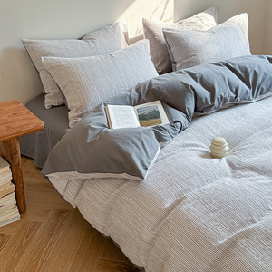 Duoxianman Jacquard <b>Striped</b> Pure Cotton <b>Bedding</b> <b>Set</b> 4-Piece Washed Cotton Duvet Cover Pillowcases Sheets for Student Use - Product Image 1