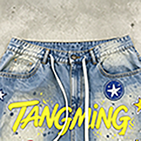 Shorts en jean taille mi-haute à jambe large, 100% coton, style Y2K vintage, colorés, avec patchs astronautes et broderies en cristal, personnalisables OEM, écologiques
