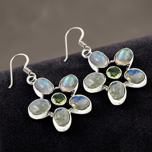Flower Shape Silver Plated <b>Drop</b> Earrings With <b>Rainbow</b> Moonstone And Peridot Bezel Set Bohemia Style For Women Party Jewelry - Product Image 3