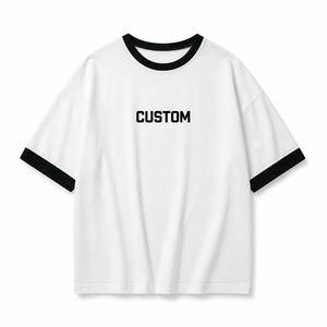 Camiseta Casual de <span class=keywords><strong>Hombre</strong></span> de Algodón Pesado, Oversize, Personalizada, con Detalle de Bloques de Color Sólido y Ribete de Contraste Blanco en los Puños - Product Image 2