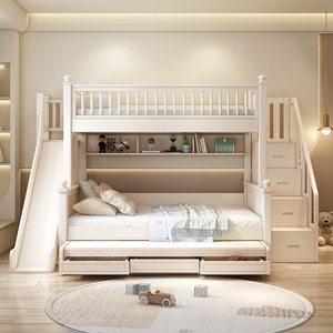 Letto a Castello in Legno Massello, a Due Piani, per Bambini, Bianco Crema, Stile Minimalista, Smontabile, Multifunzionale, per Camera da Letto Ragazzi - Product Image 2