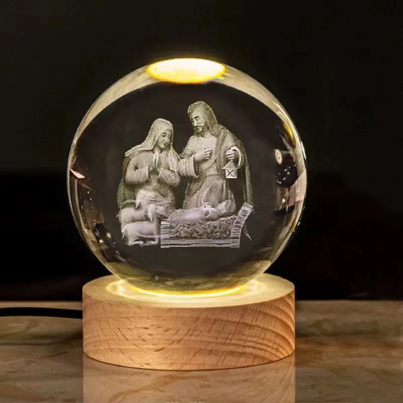3d Jesus Gegraveerde Laser Kristallen Bol Lamp Nachtlampje Voor Tafel Deco