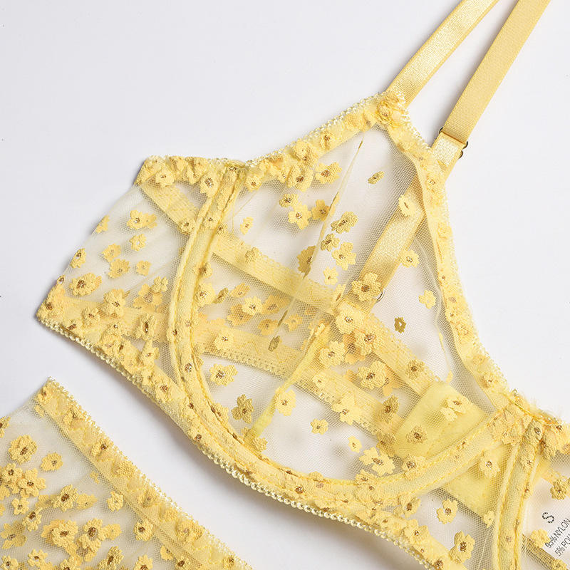 Floral Solid Color Sexy Lingerie Garter Three Piece Sets Ruffle Mesh Thin Sexy Lingerie Sets For Women