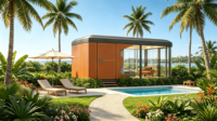 Maison mobile portable de luxe en verre pour glamping, mini-maison préfabriquée, cabane de villégiature de plage, maison d'hôtes insulaire en acier